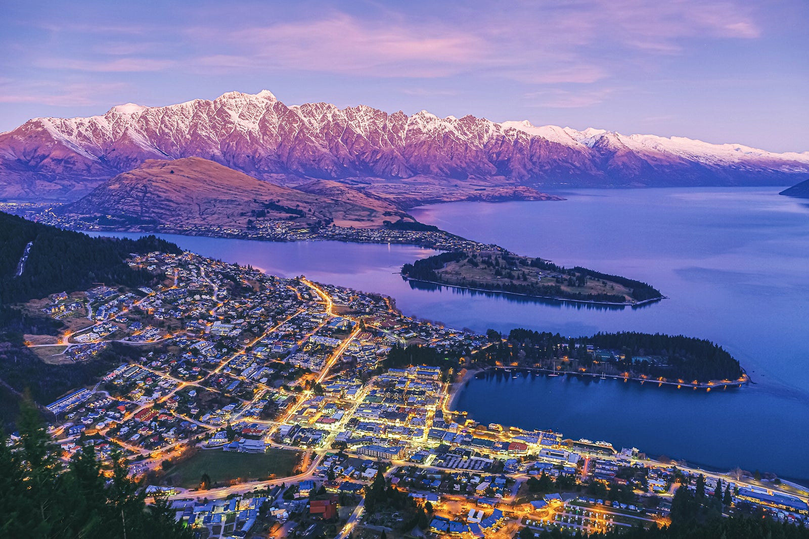 Queenstown at Dusk with Lake Wakatipu and The Remarkables New Zealand Lingxiao Xie
