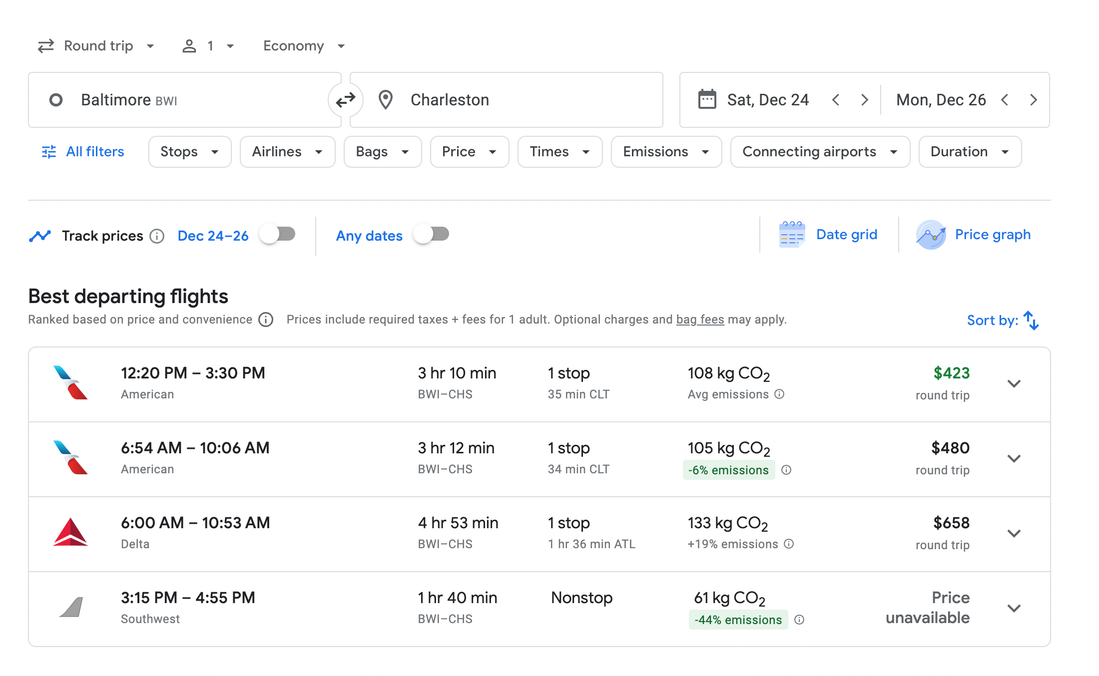 departing flight options on google