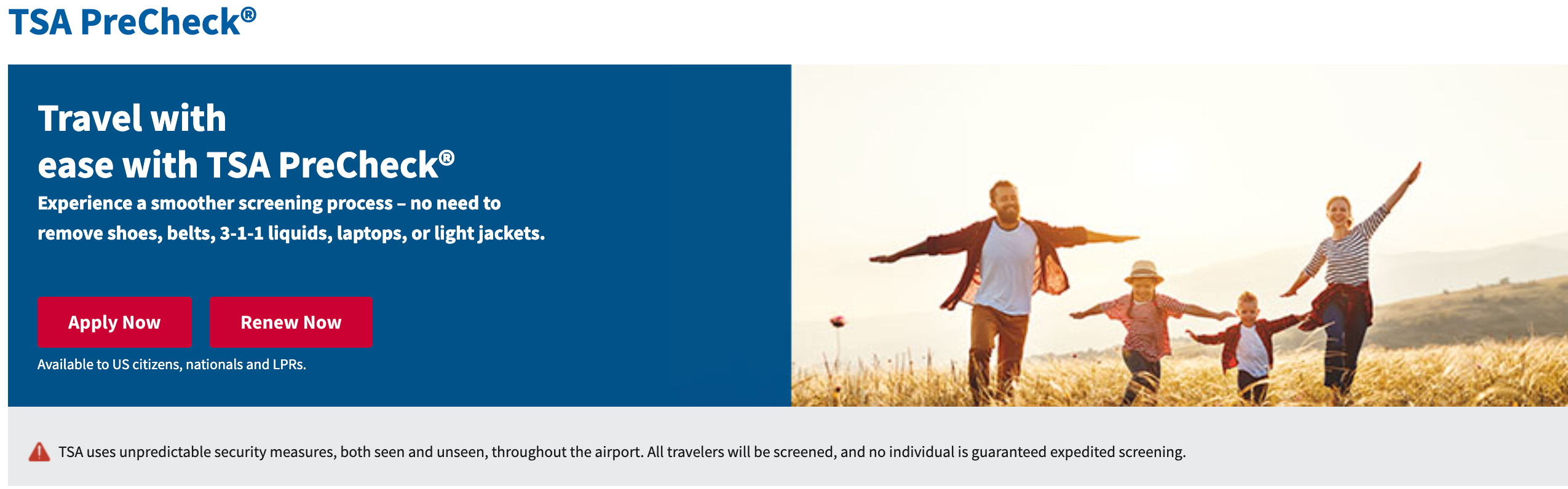Screenshot of TSA PreCheck message from website