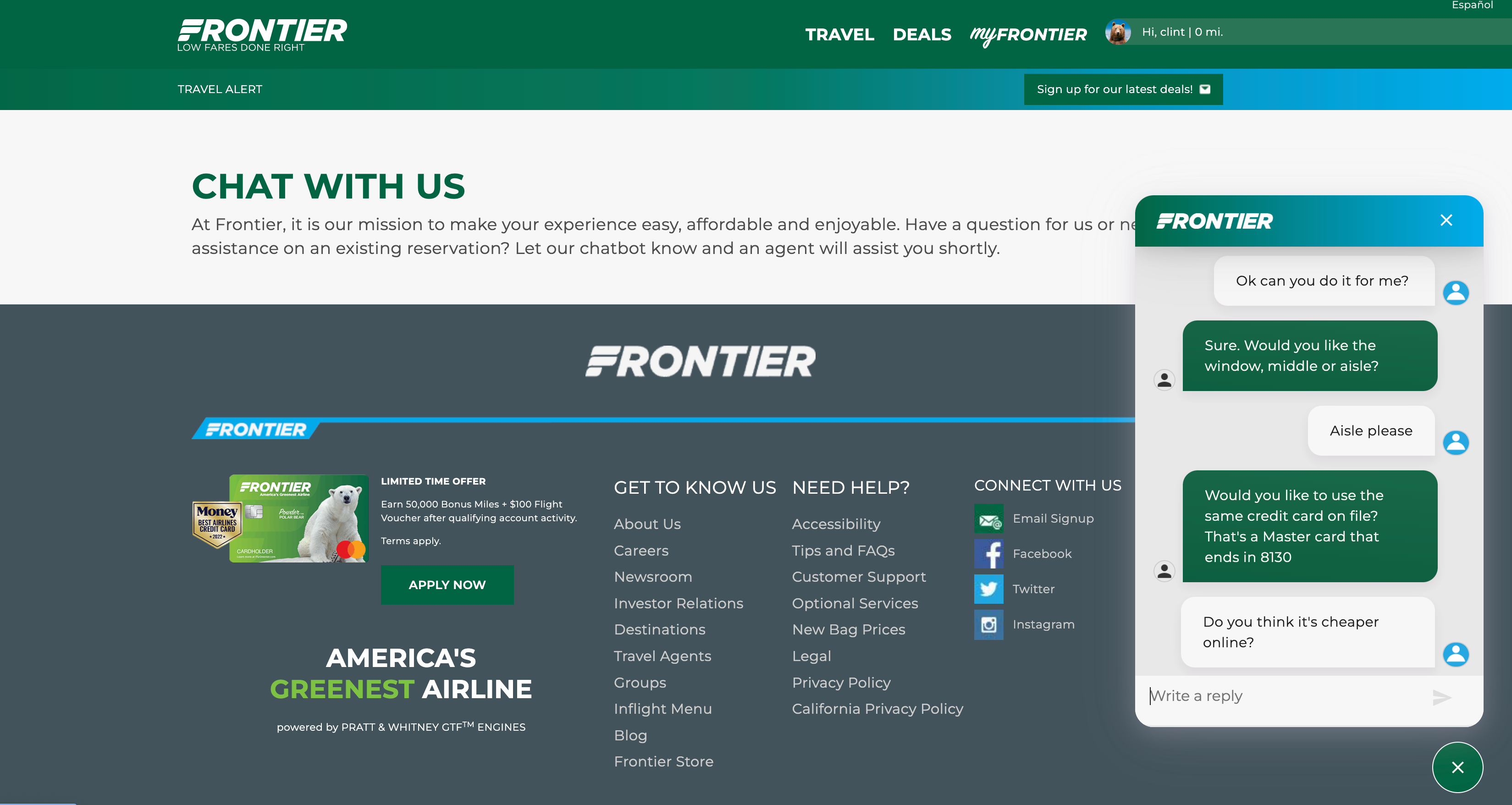 Using the live chat feature at Frontier Airlines.