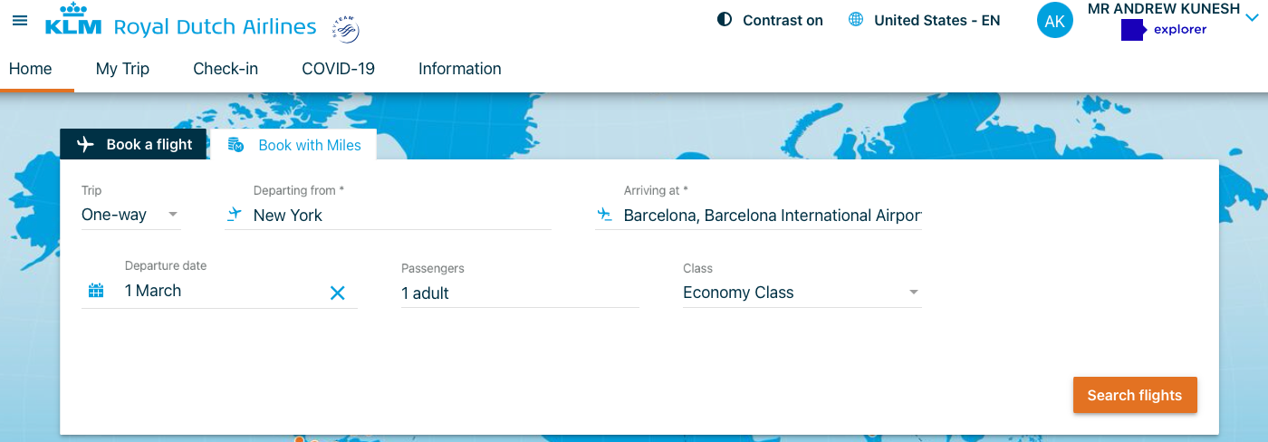 Searching for a flight on KLM's website