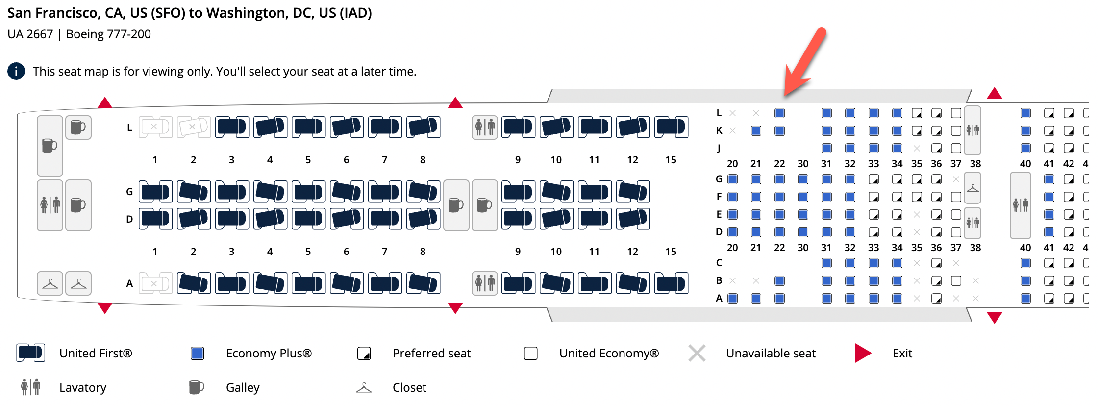 Seat map from SFO to IAD