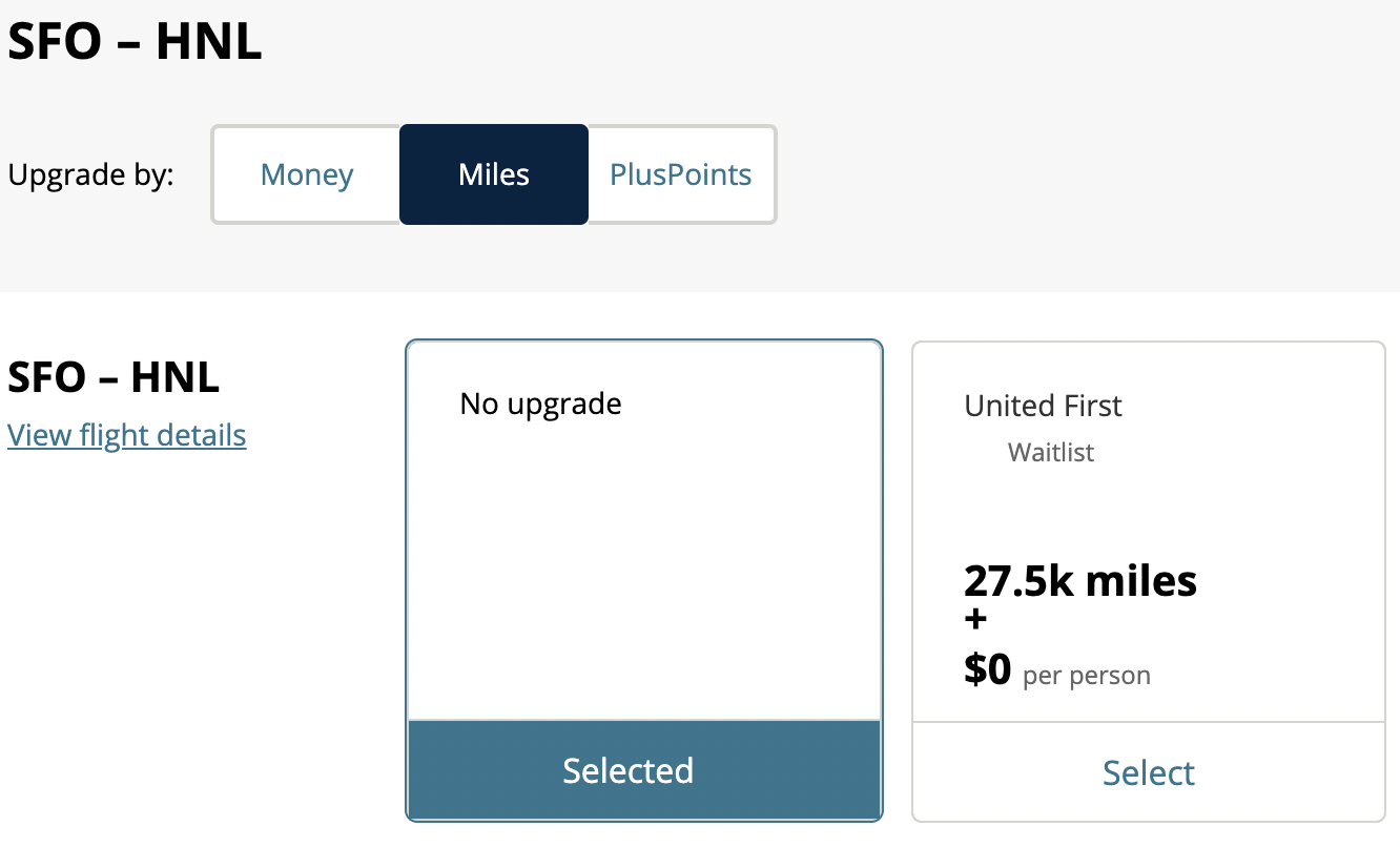 Upgrading an SFO to HNL flight with miles