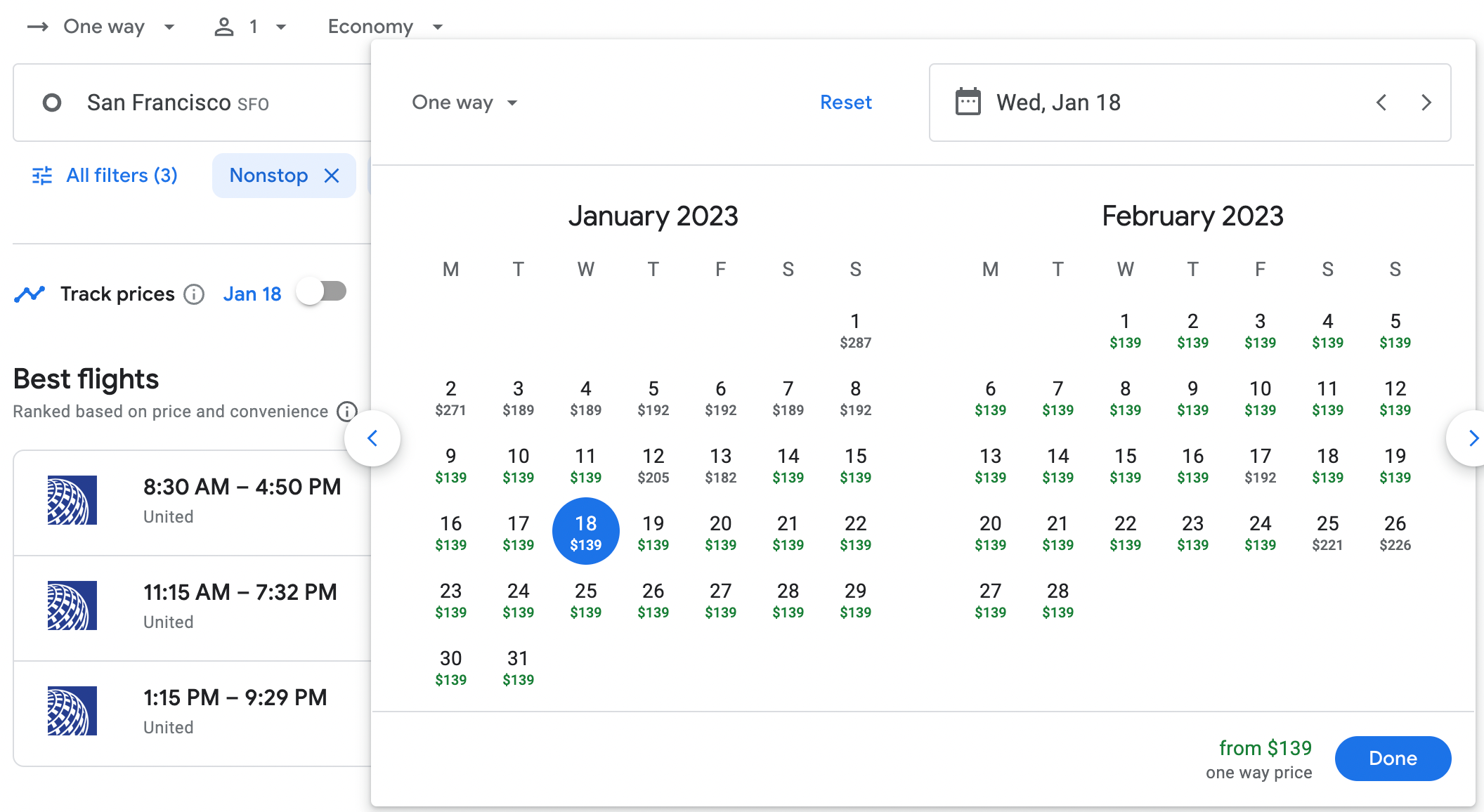 Using Google Flights to book a nonstop from SFO to EWR on United
