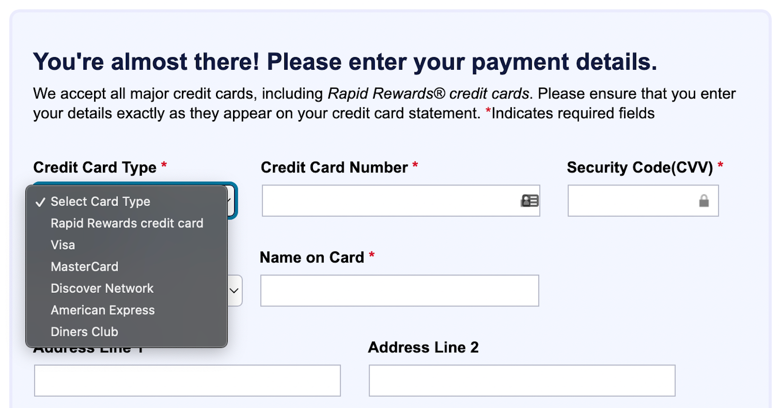 Screenshot of information to fill out when buying Southwest points