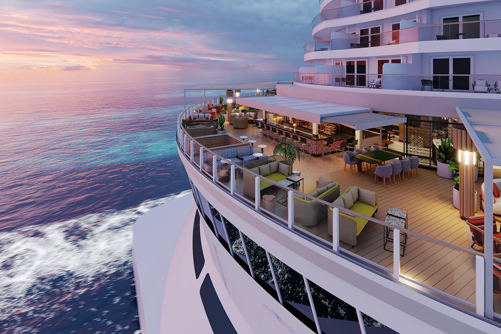 Aft deck seating area of Norwegian Prima cruise ship at dusk