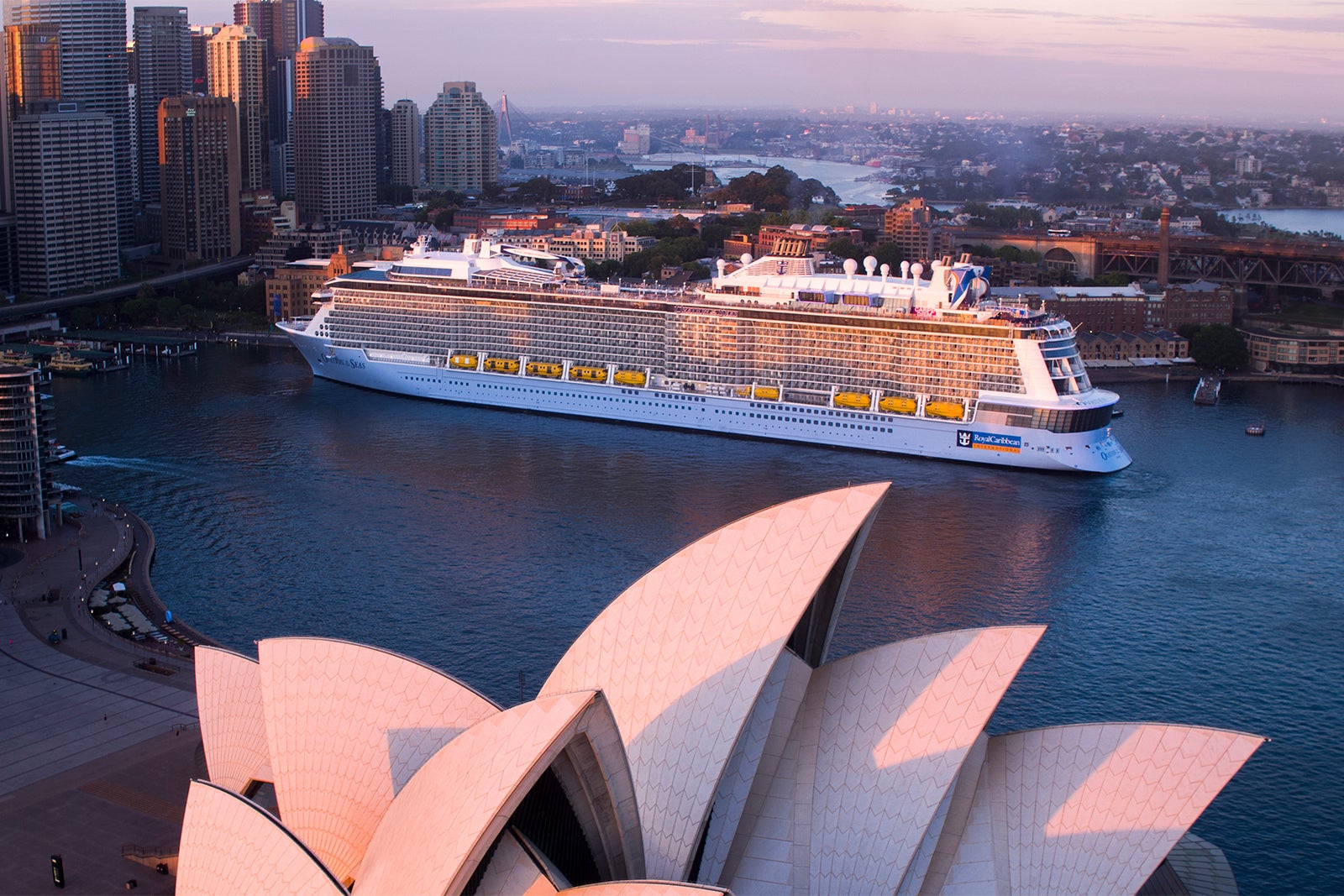 Ovation of the Seas cruise ship sails into Sydney, Australia. 