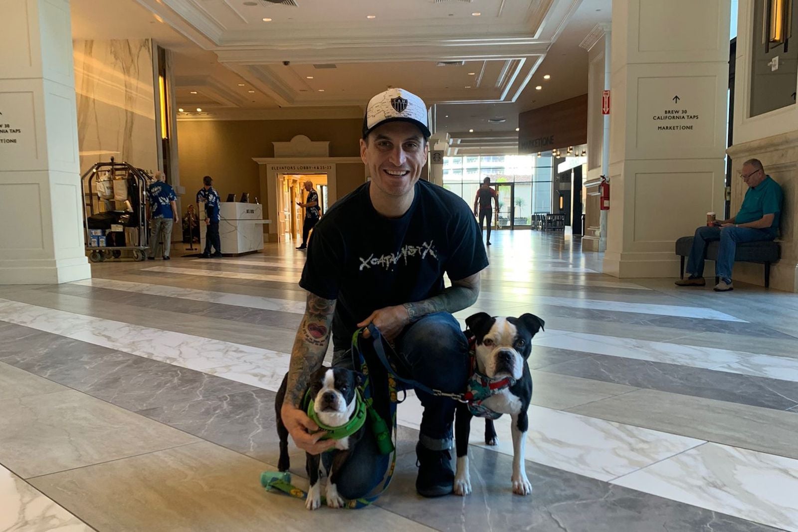 A man and two dogs inside a hotel lobby