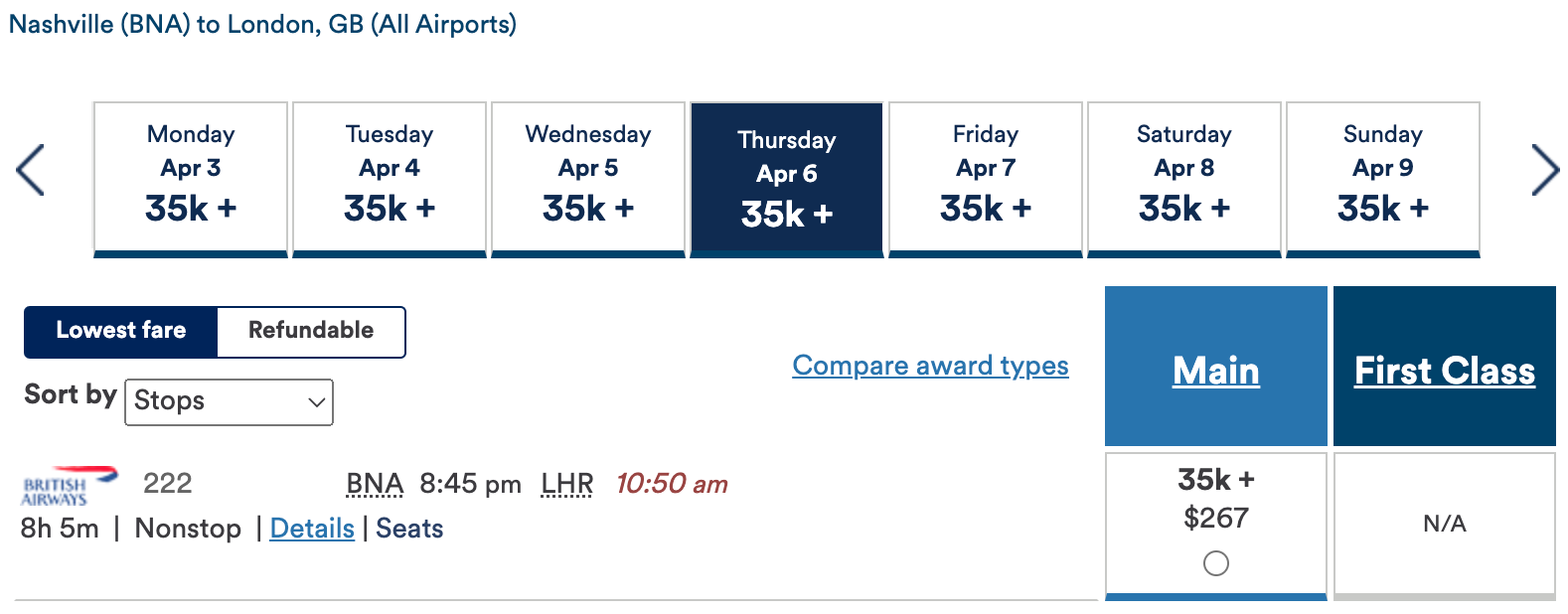 Alaska Airlines nonstop BA award BNA to LHR