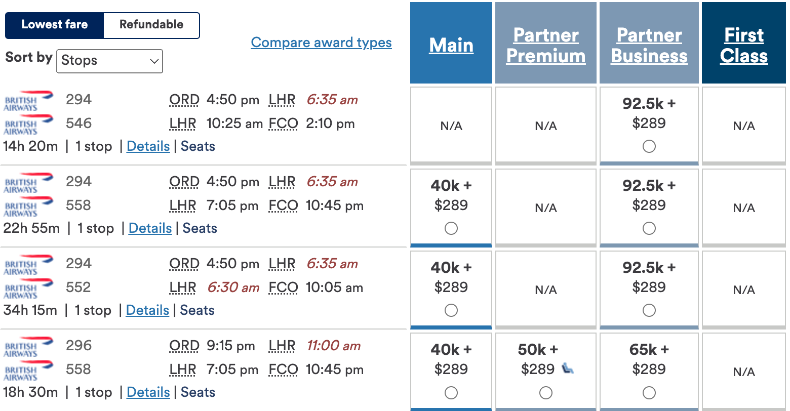Alaska BA award prices from ORD to FCO