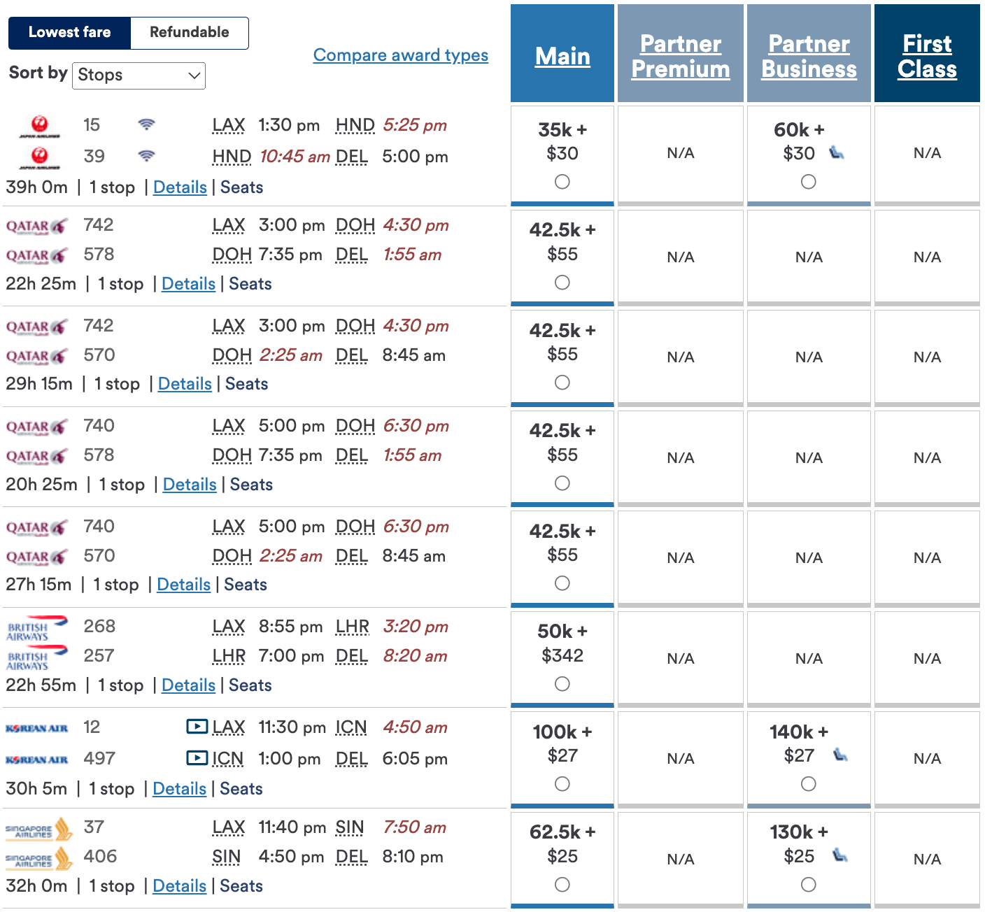 Alaska awards from LAX to DEL