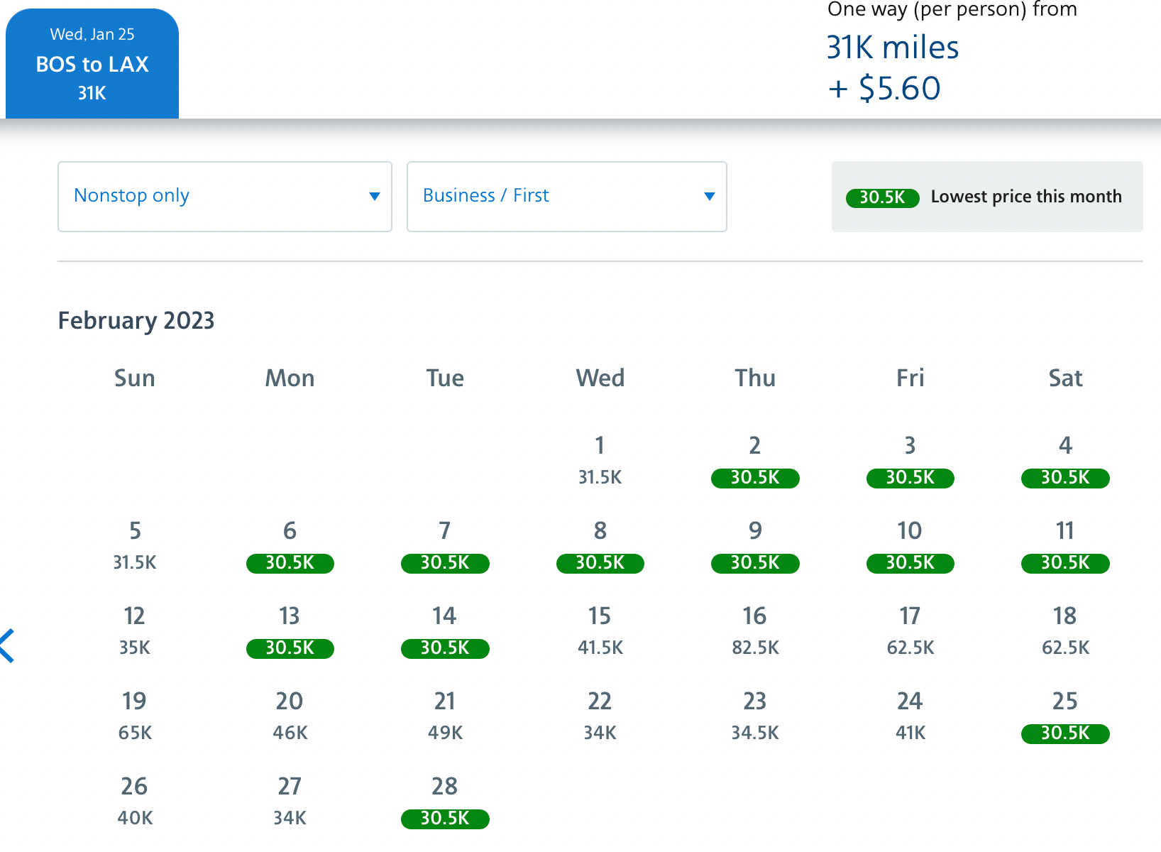 BOS to LAX business and first Feb