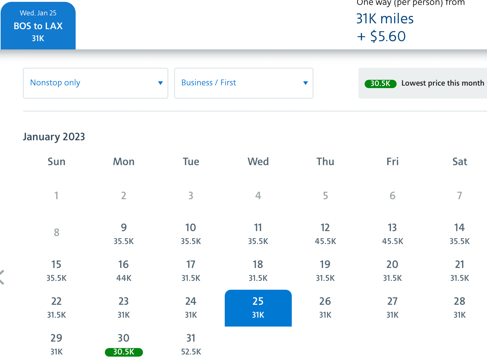 BOS to LAX business and first Jan