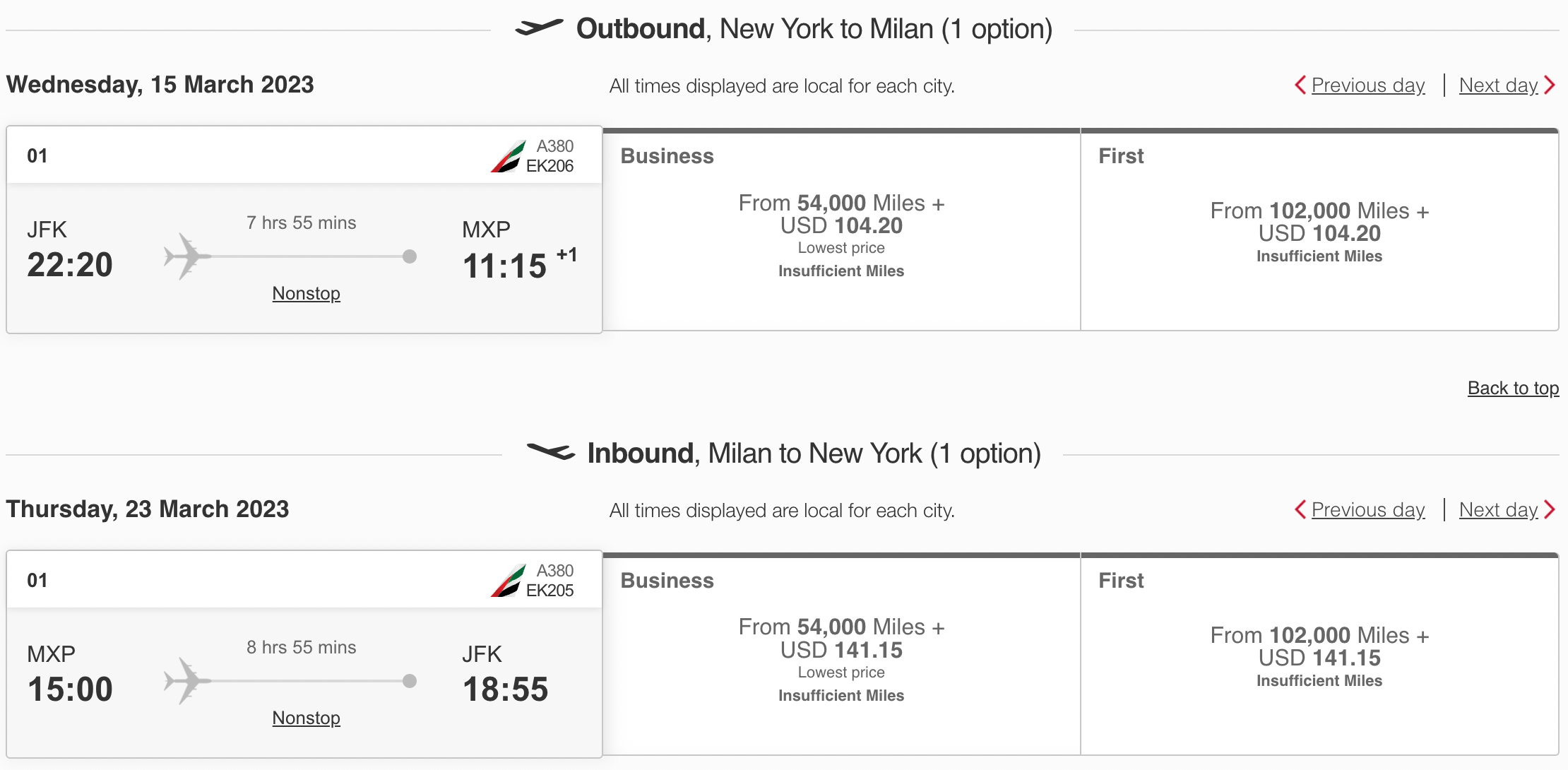 Booking an Emirates flight from JFK to MXP