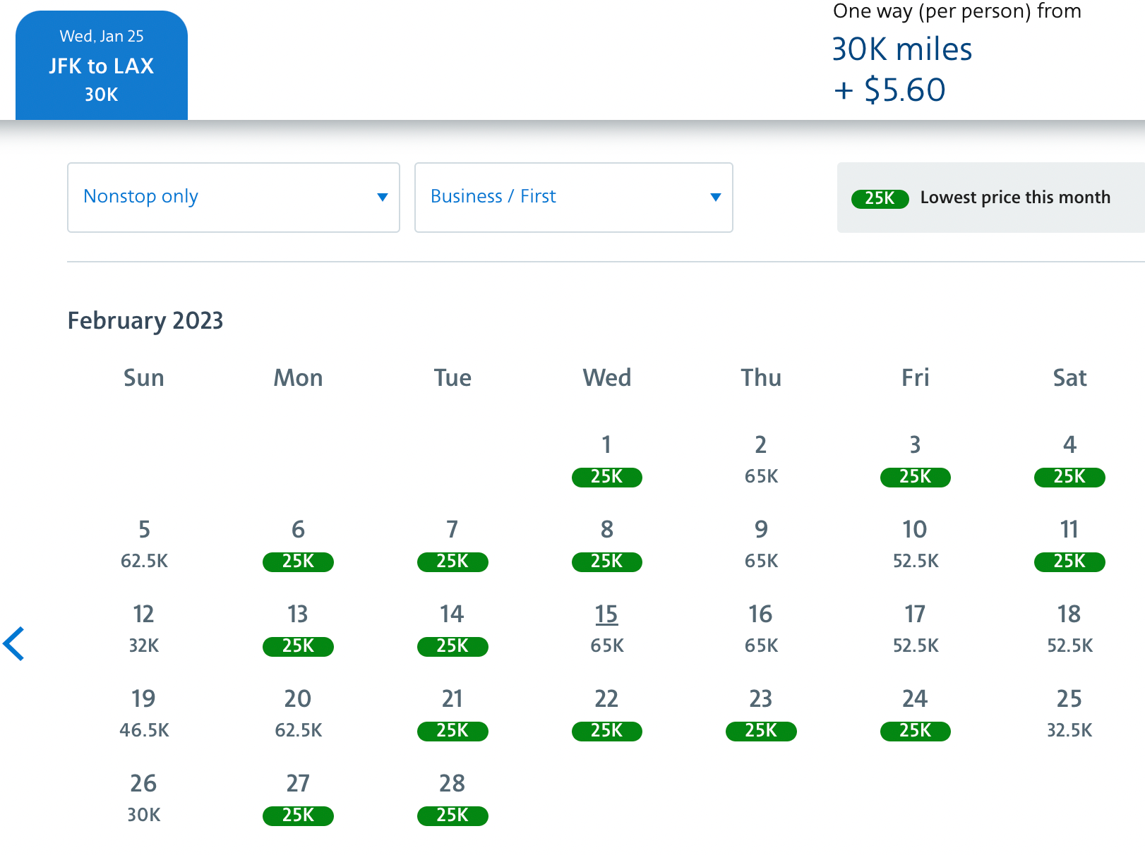 Business and first JFK to LAX Feb