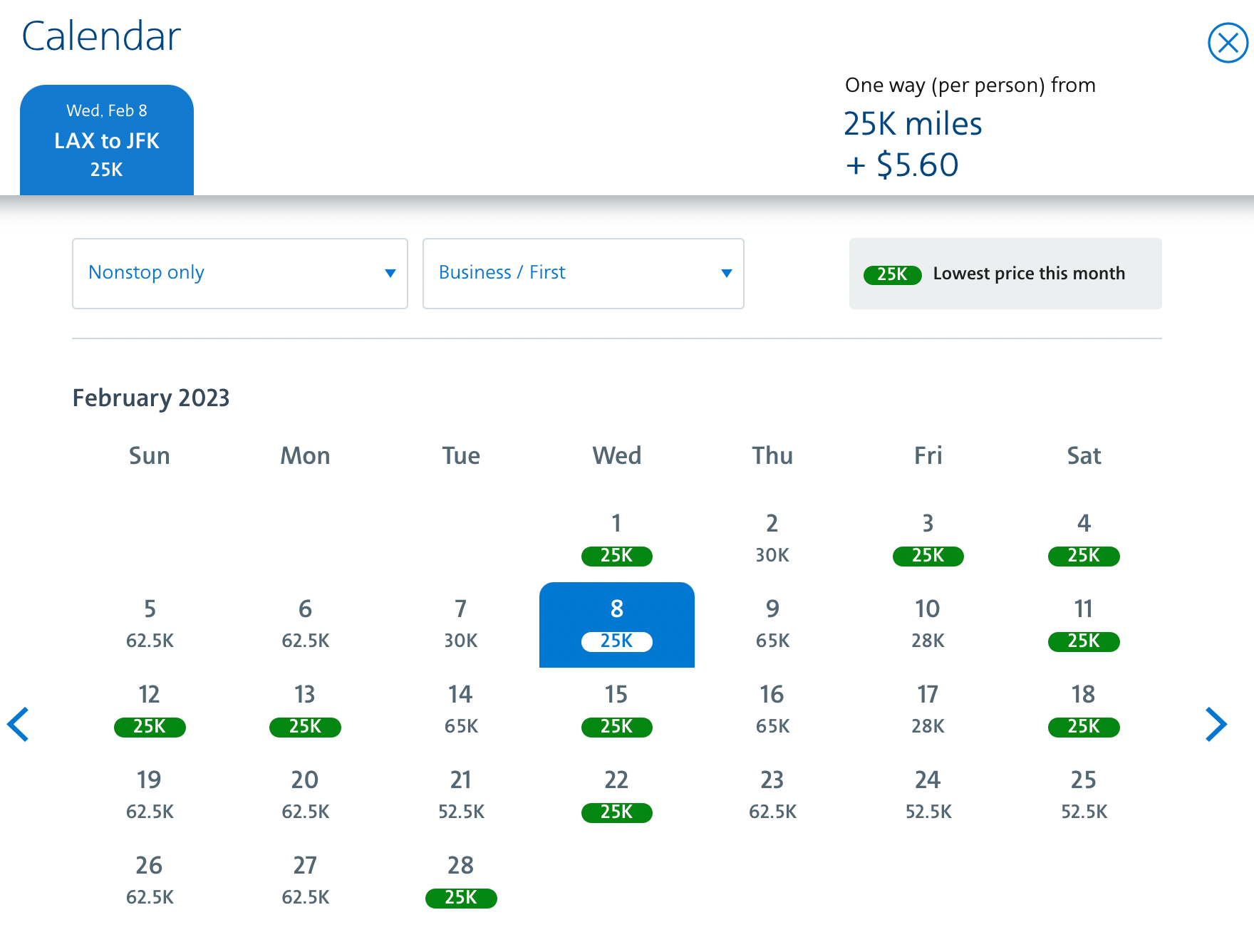 Business/first LAX to JFK Feb