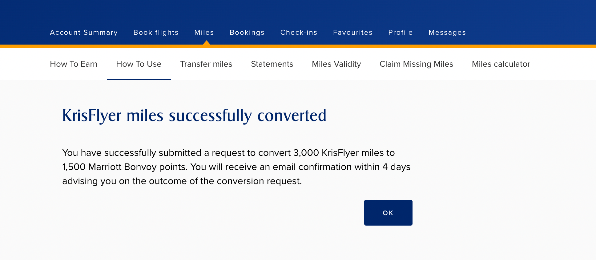 Converting KrisFlyer miles to Marriott Bonvoy points