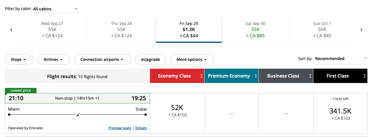 Emirates first class MIA to DXB