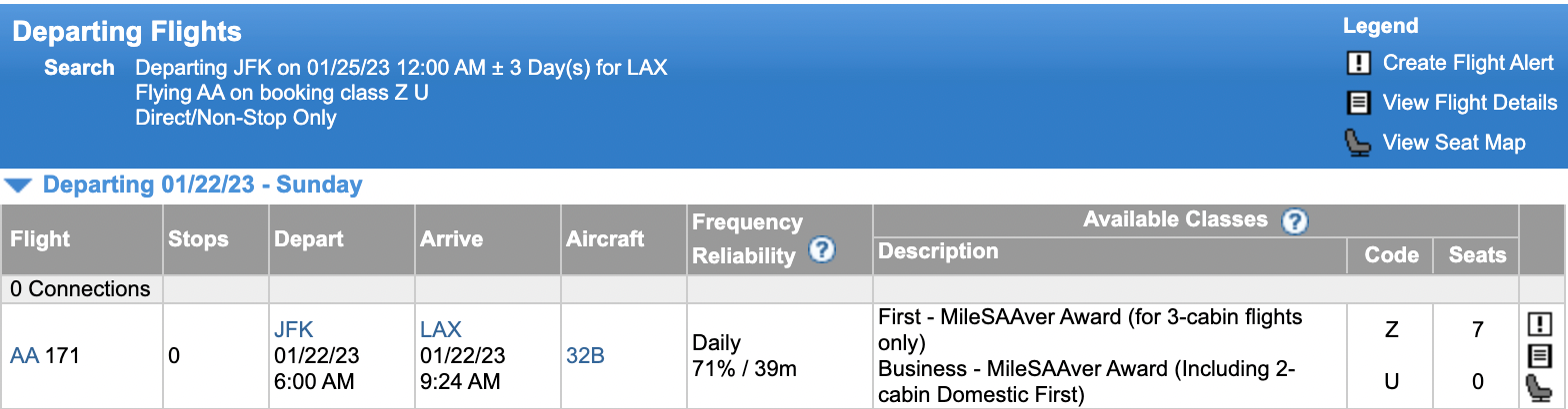 ExpertFlyer Z fare class from JFK to LAX