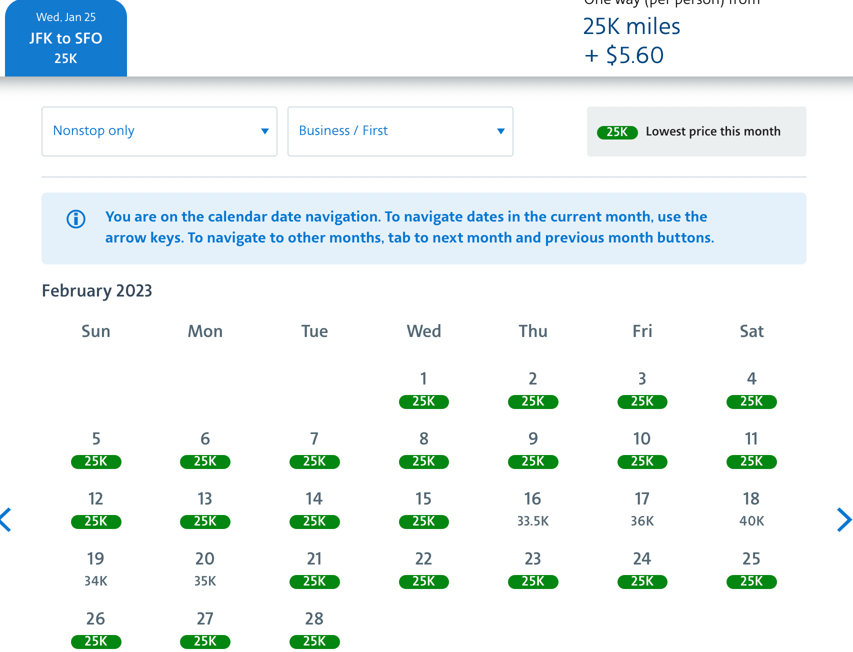 JFK to SFO business and first Feb