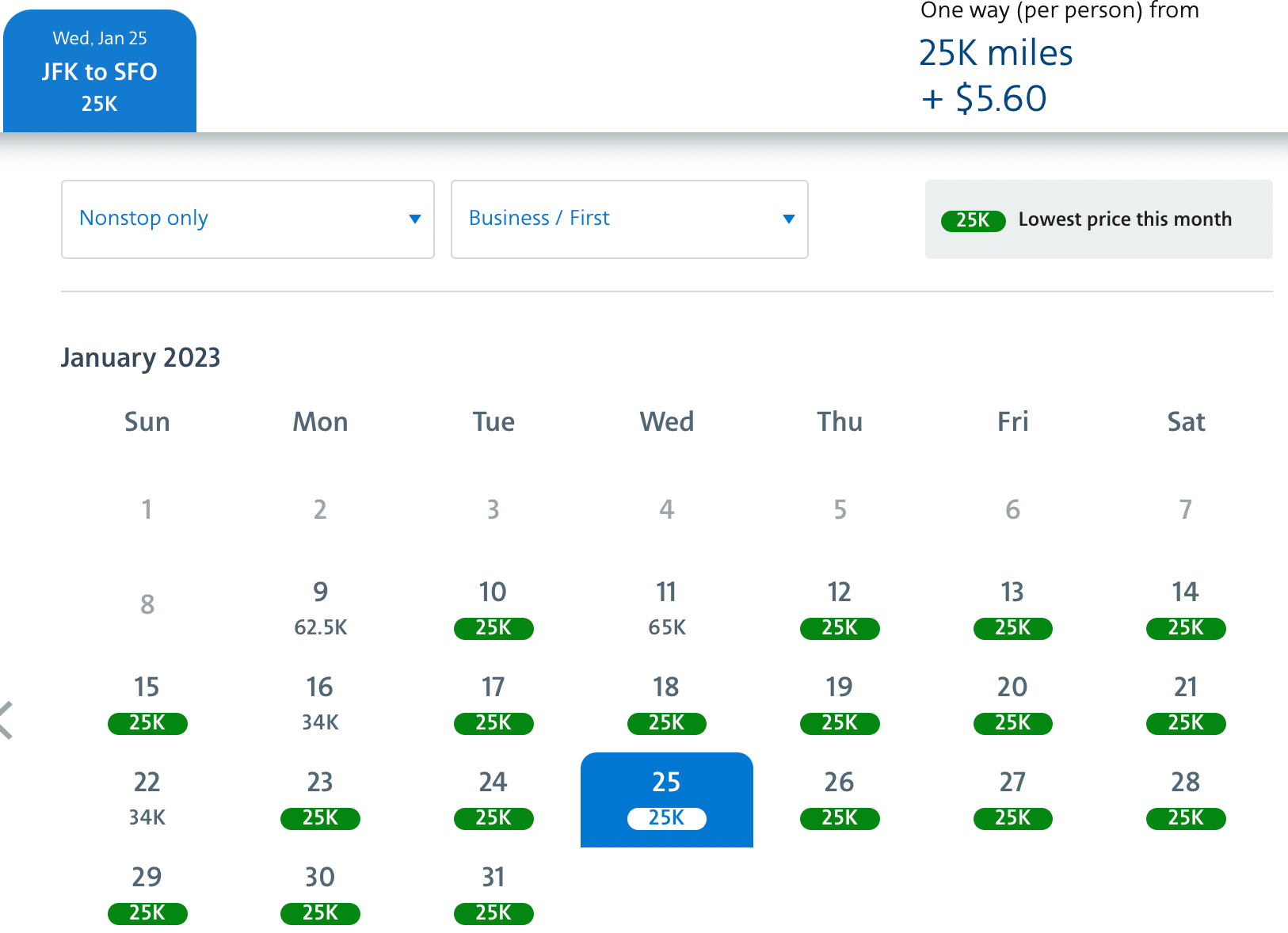 JFK to SFO business and first Jan