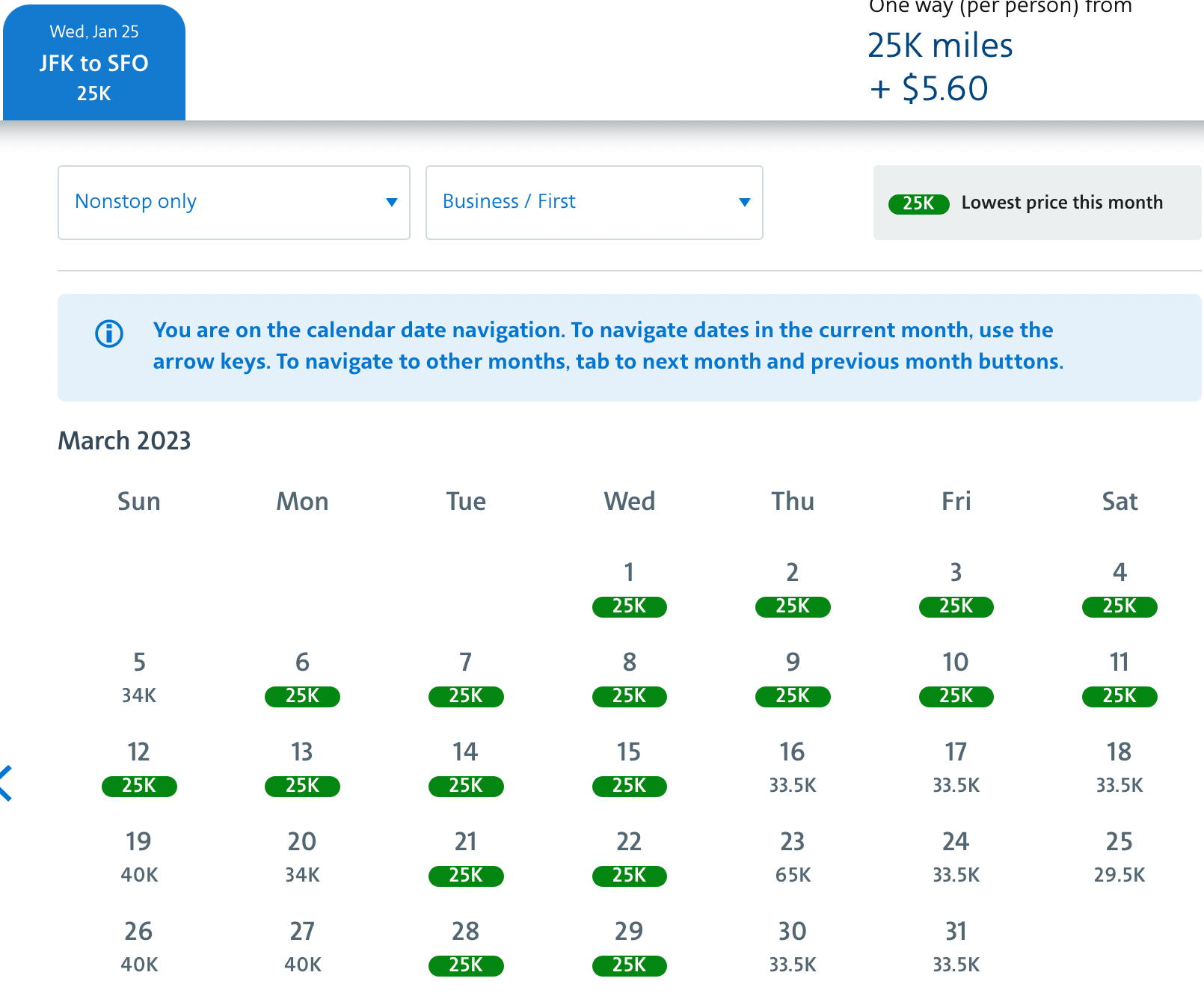 JFK to SFO business and first Mar