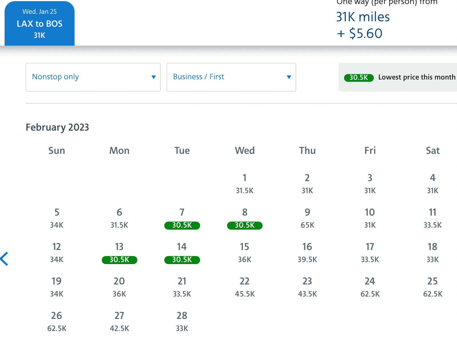 LAX to BOS business and first Feb