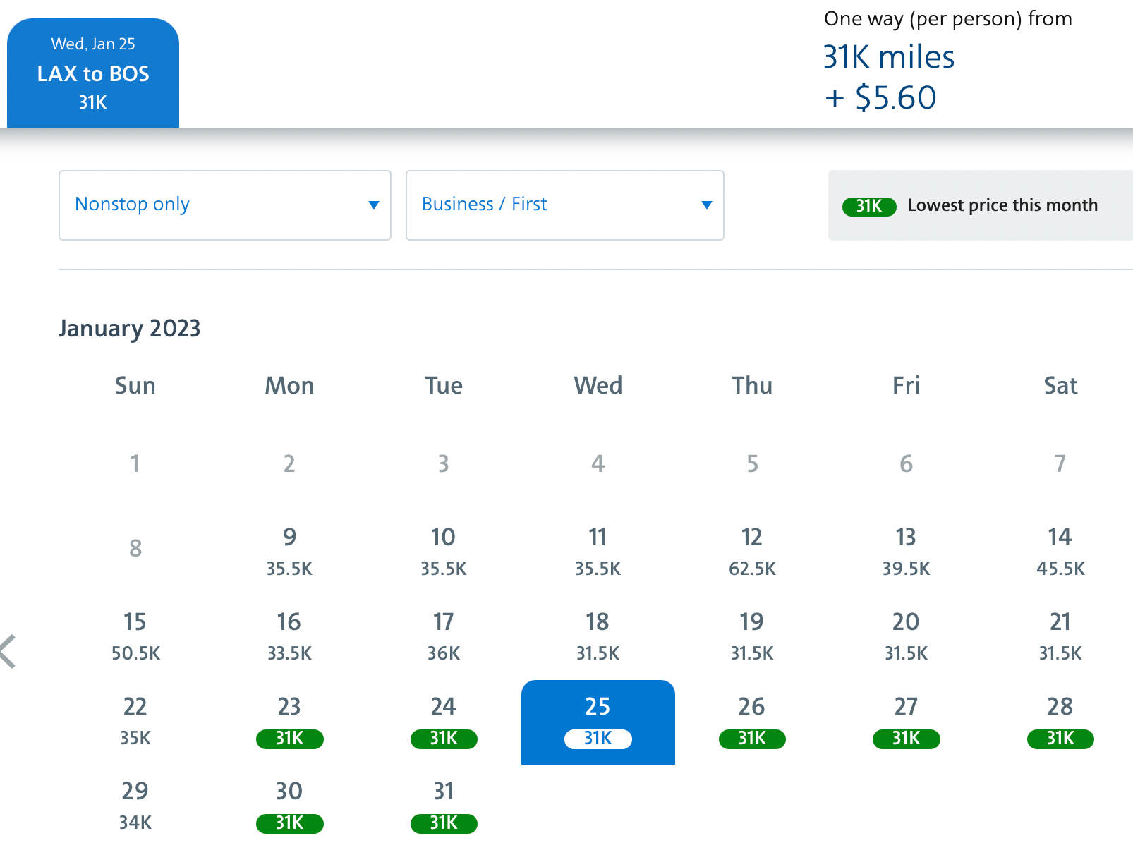 LAX to BOS business and first Jan