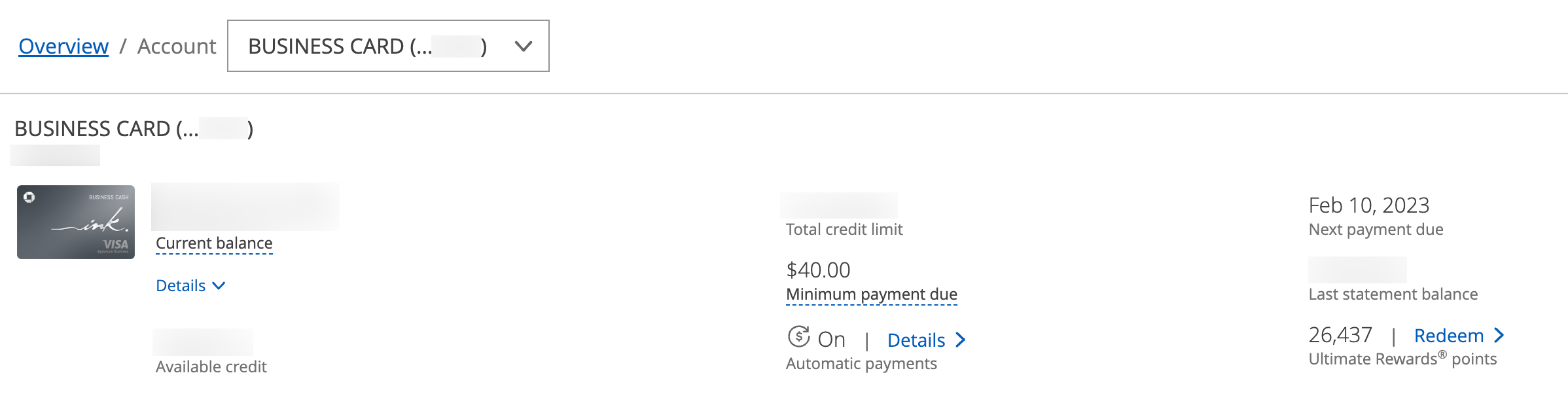 The account details page for a credit card on Chase.com