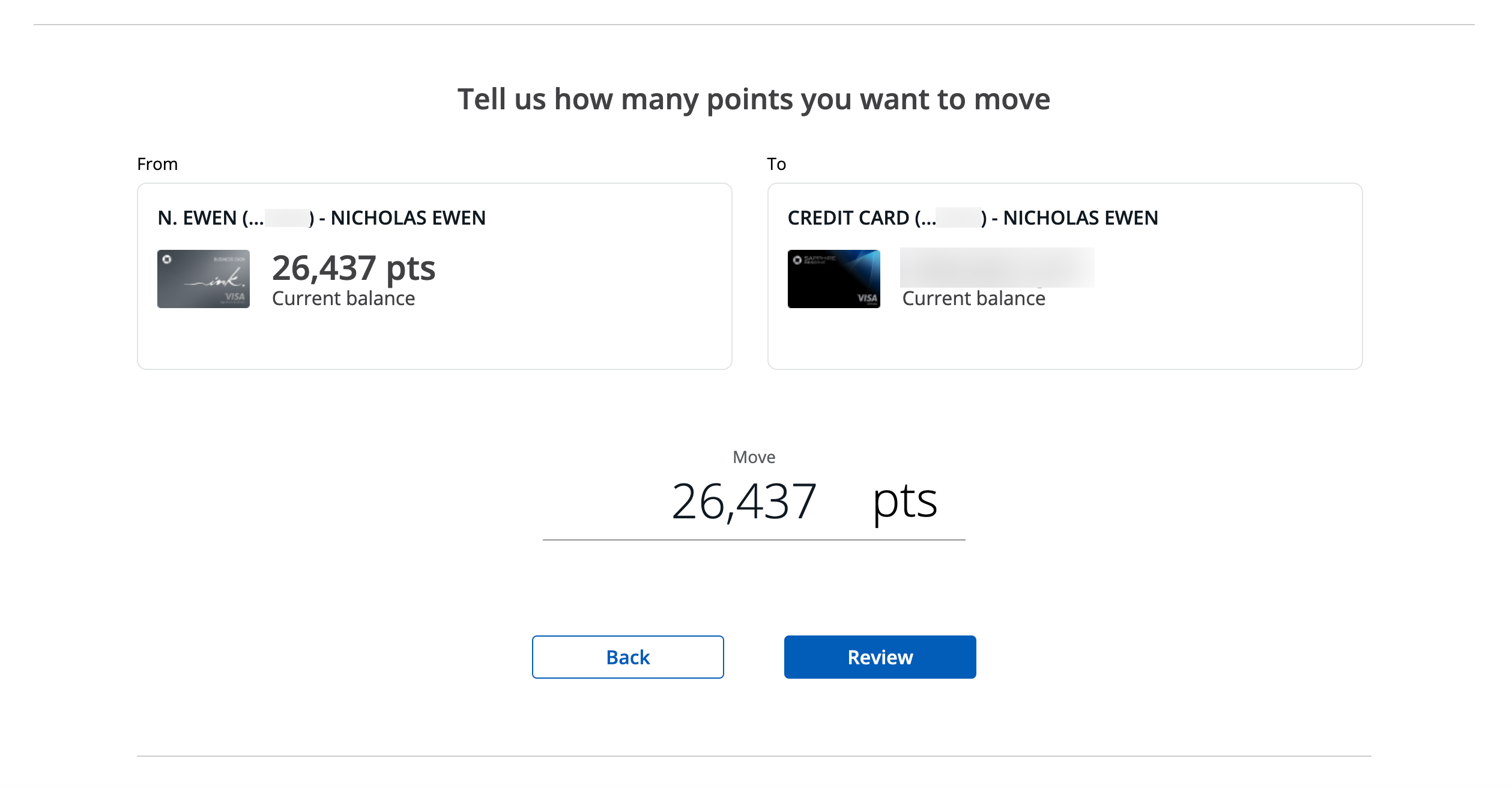 Enter the number of Chase points you want to move from one account to another