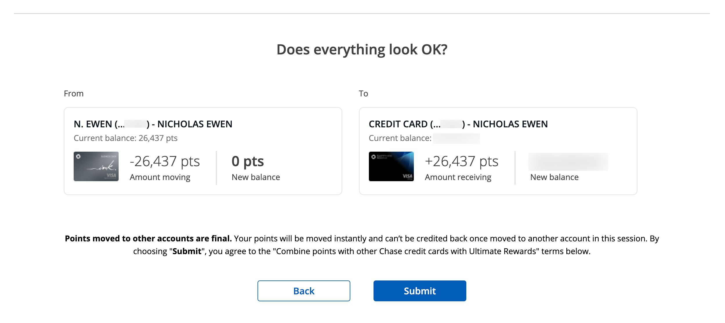 The final review page to combine points on Chase.com