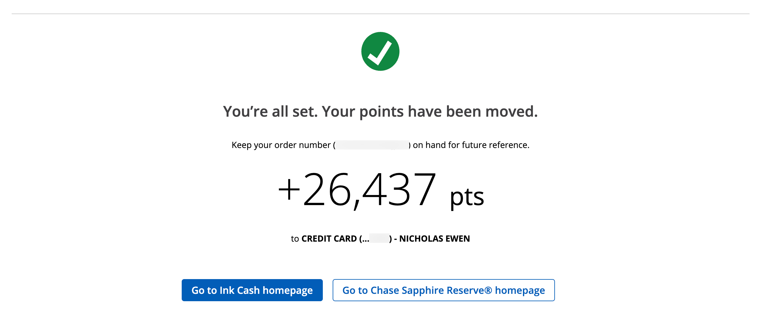 The confirmation page when you combine points on Chase.com