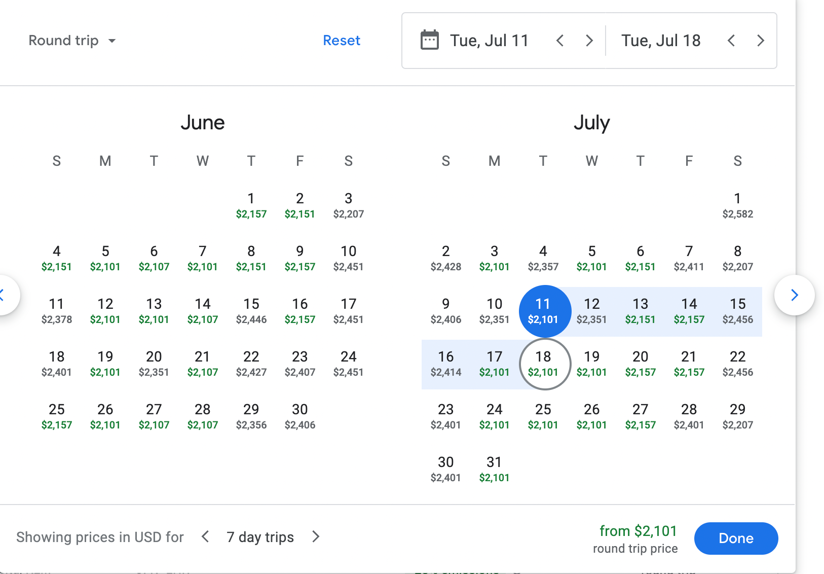 June and July flight fares