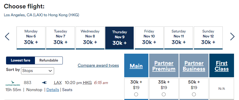 Searching for awards on Alaska Mileage Plan website