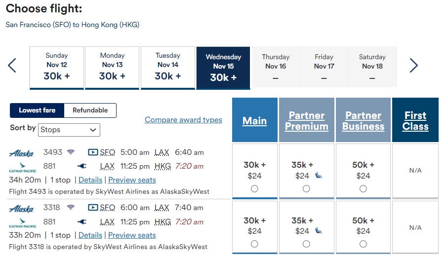 Searching for awards on Alaska Mileage Plan website
