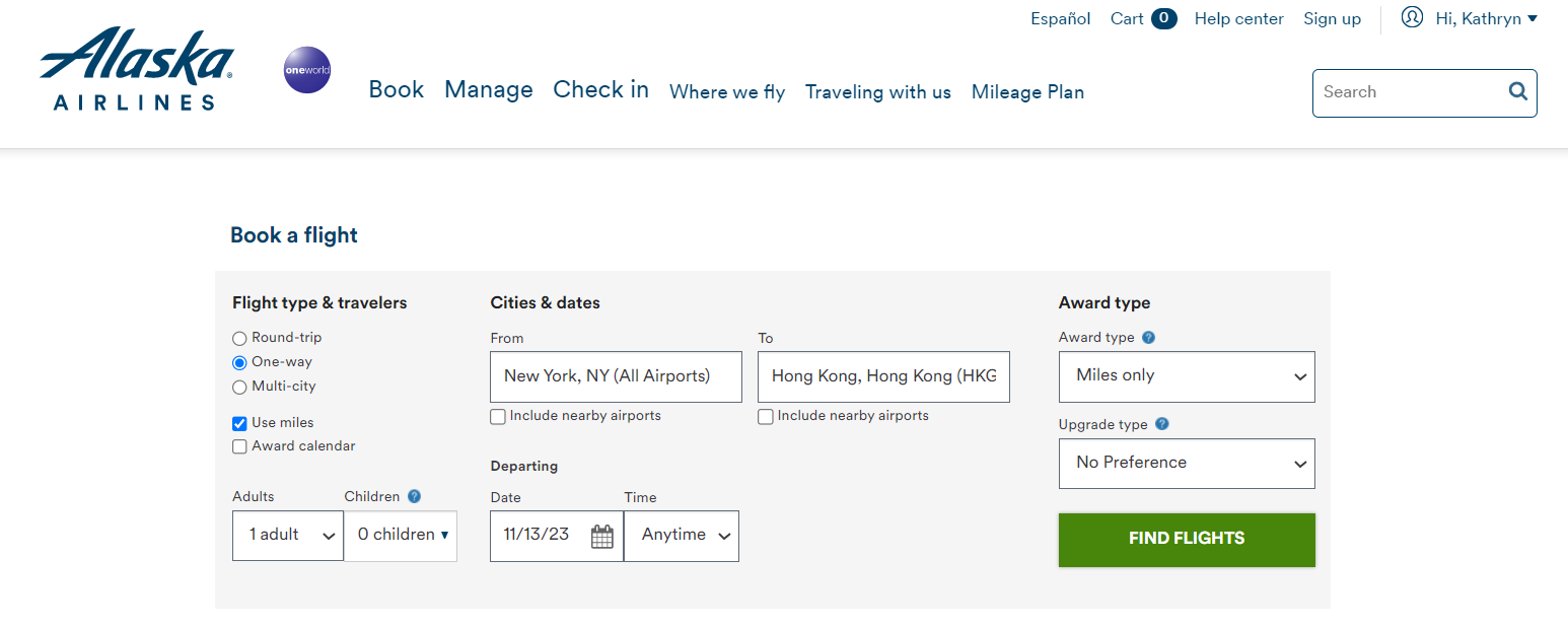 Searching for awards on Alaska Mileage Plan website