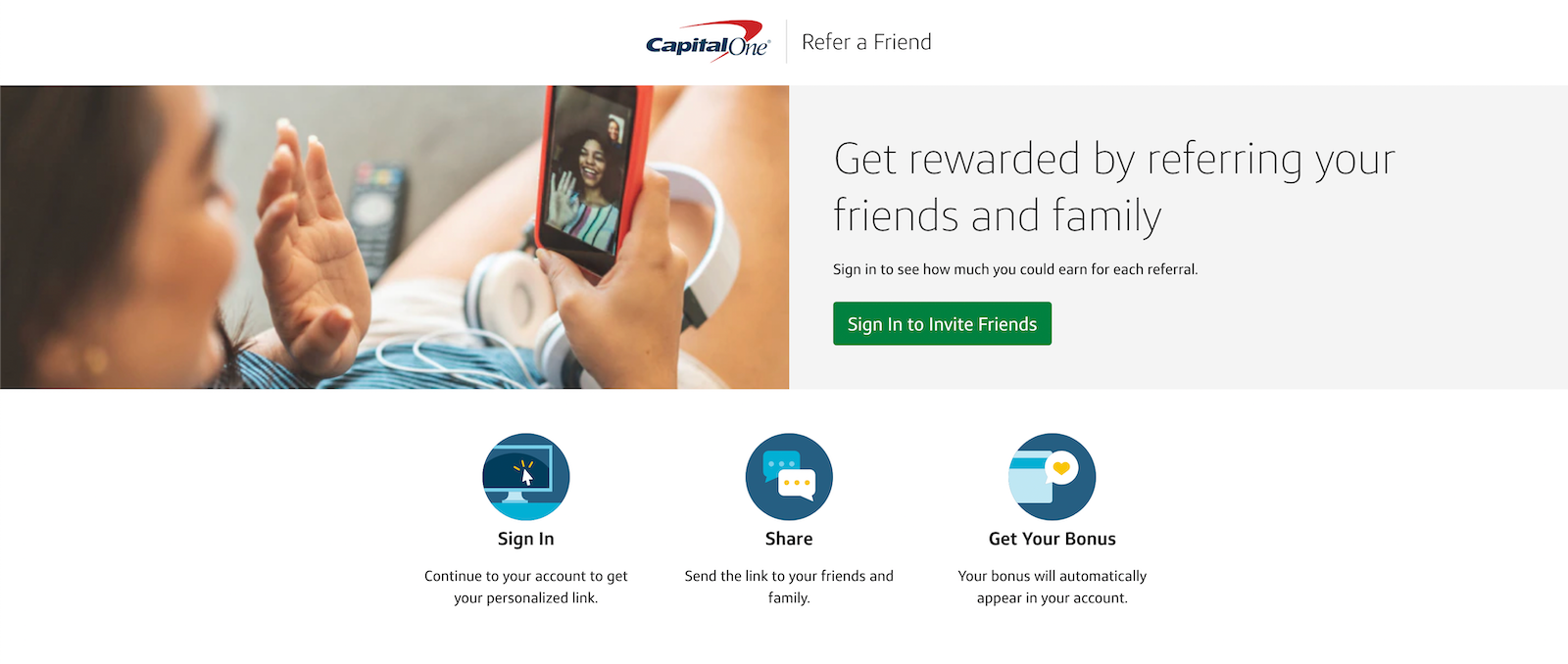 home page for the Capital One Refer a Friend program