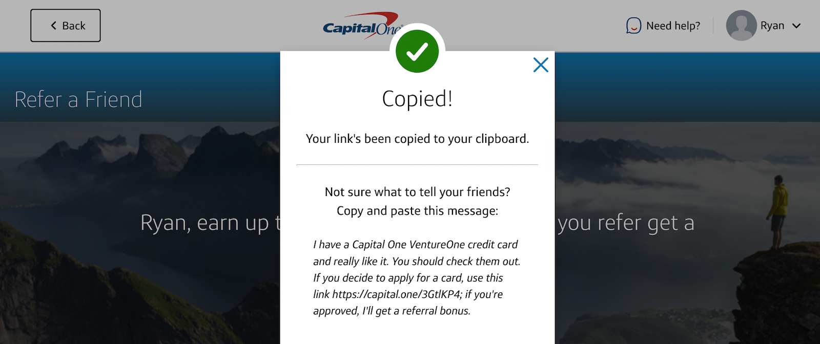 Message saying the referral link was copied correctly for the Capital One Refer a Friend program