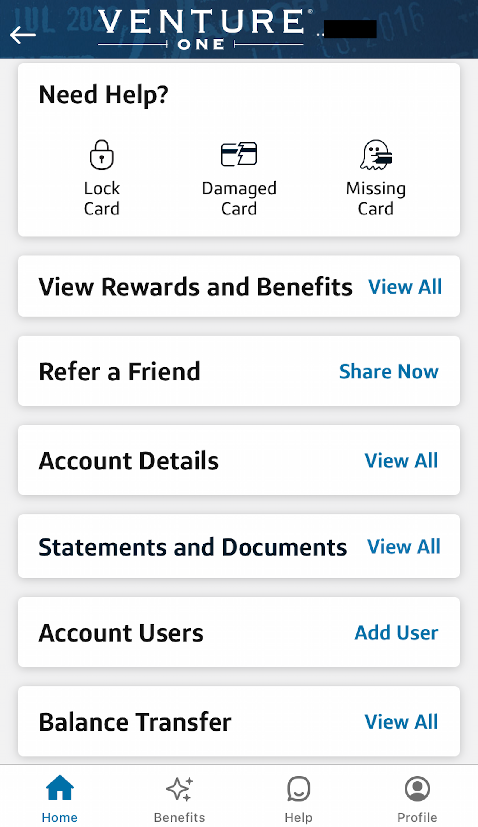 account options in a mobile banking app, including Capital One Refer a Friend