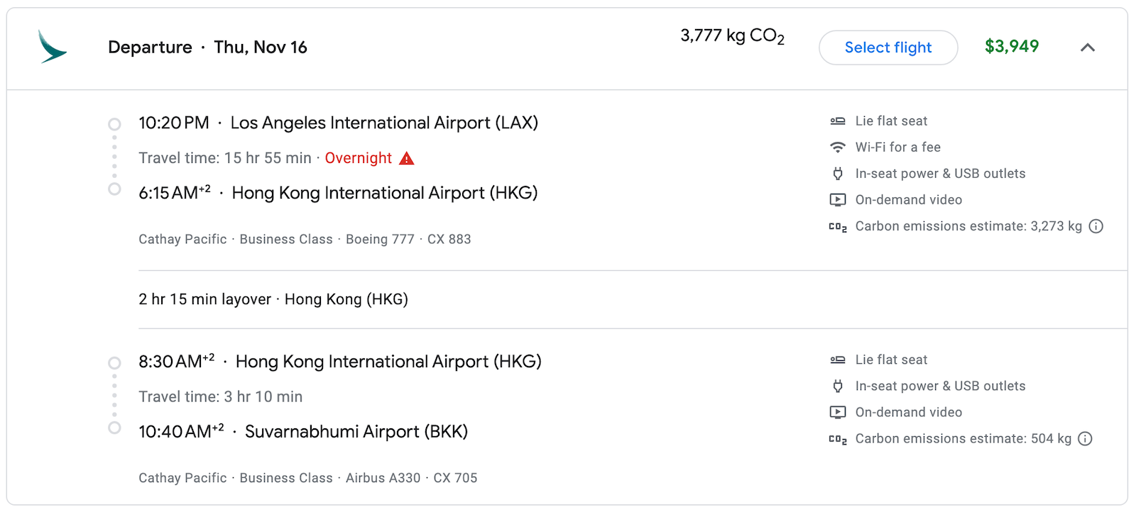Itinerary and ticket price from Los Angeles to Bangkok via Hong Kong