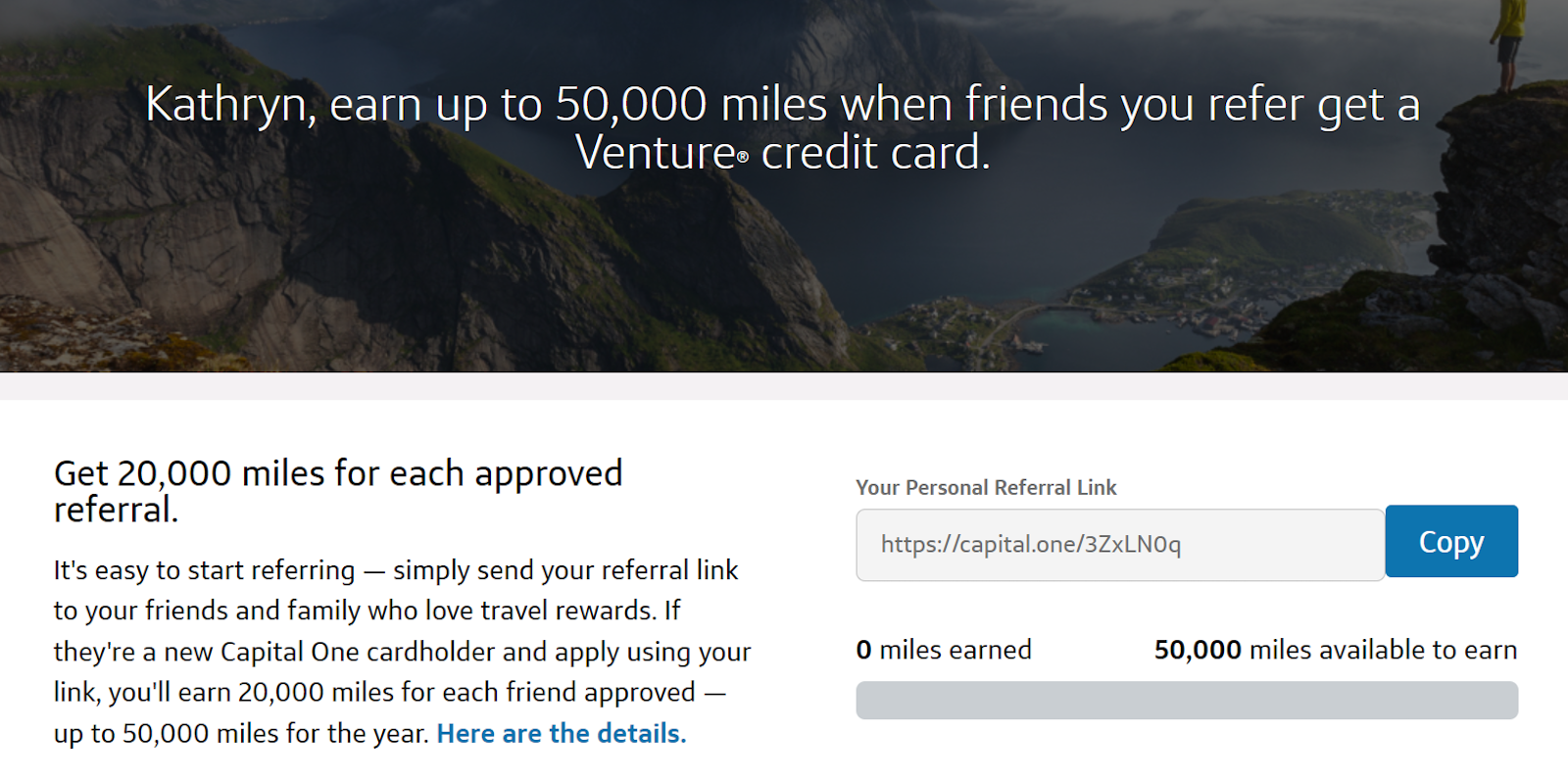 referral page and details on bonuses for the Capital One Venture card