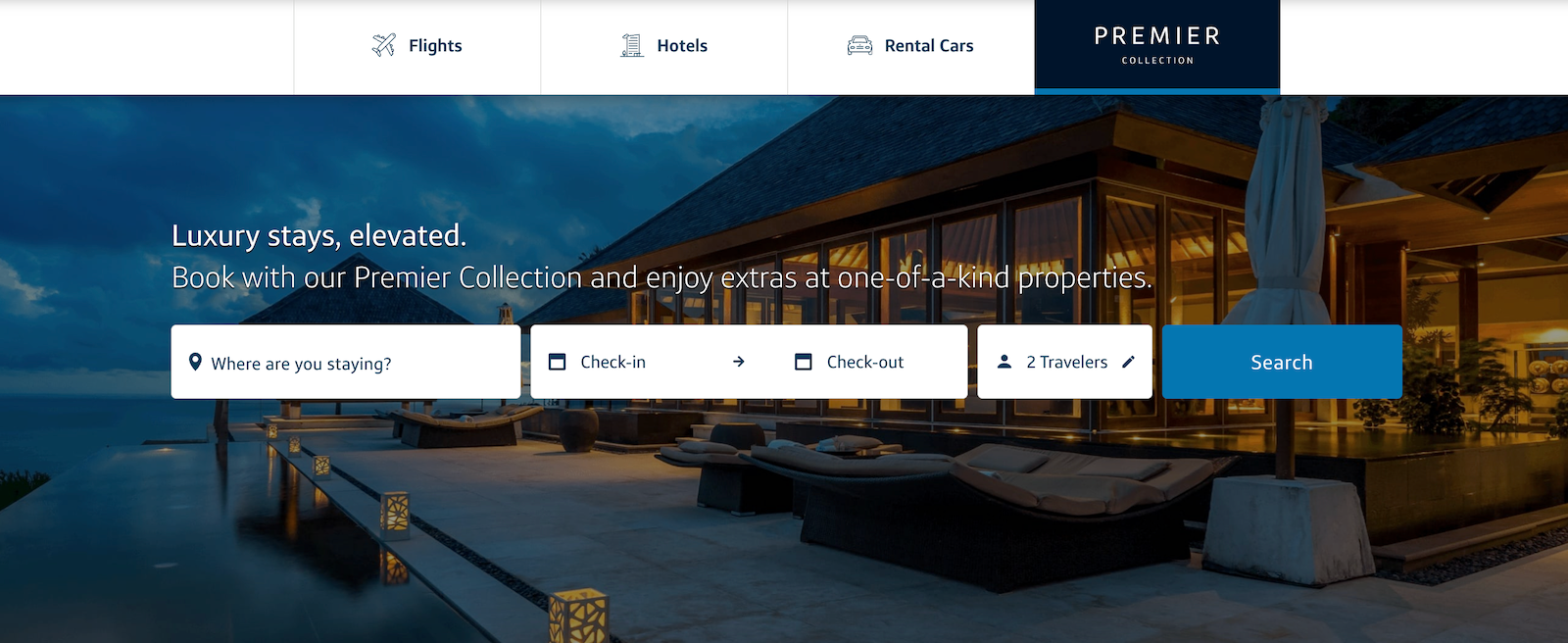 a travel search portal with the Premier Collection tab highlighted