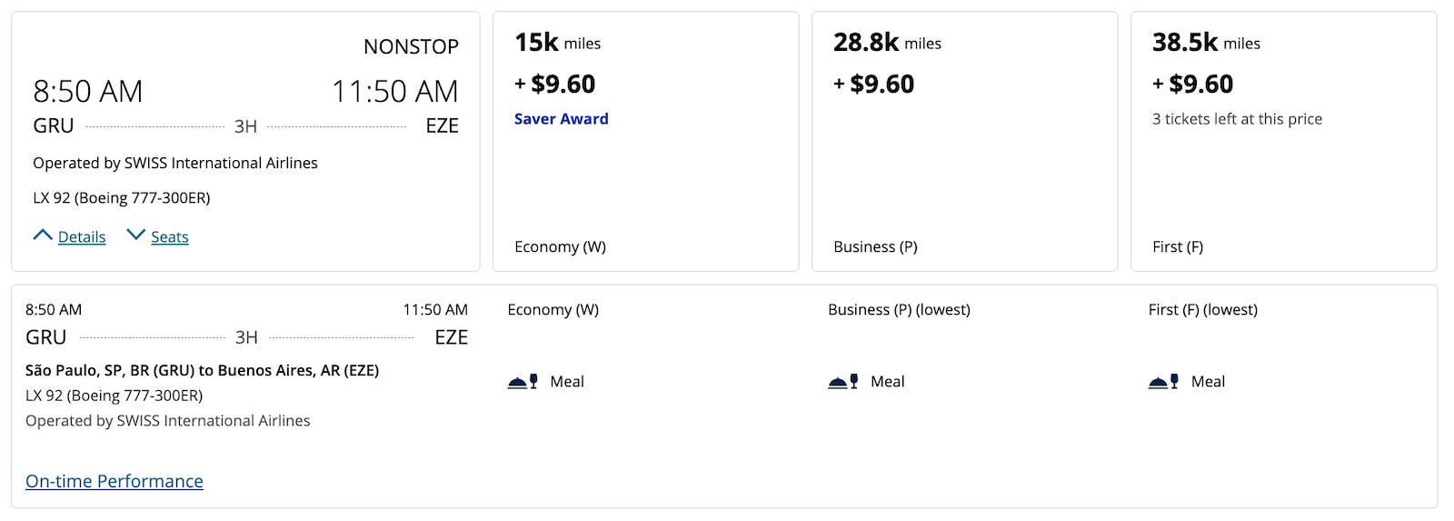 award pricing for using United miles