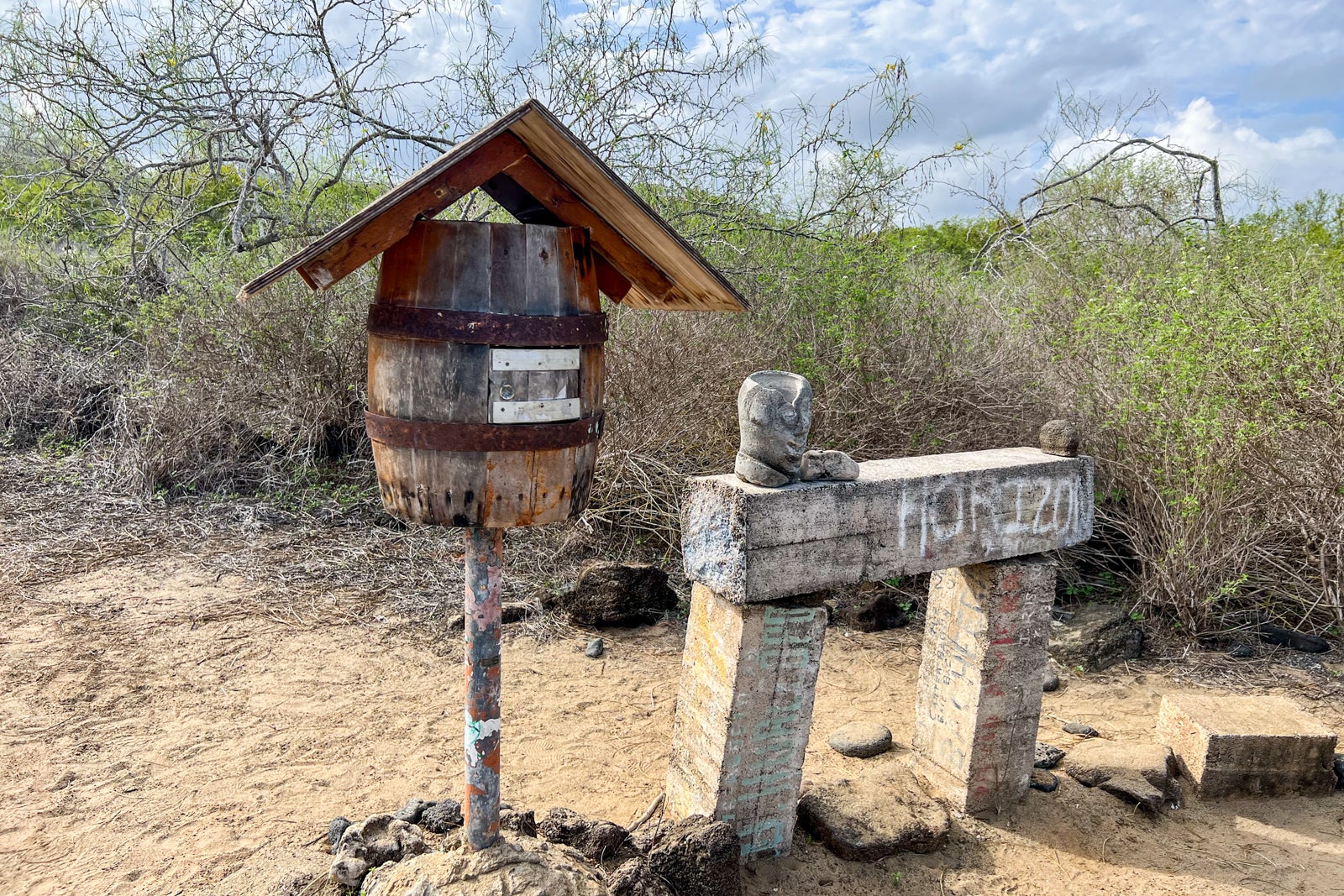 The 'post office' barrel at Post Office Bay on Floreana Island in the Galapagos. 