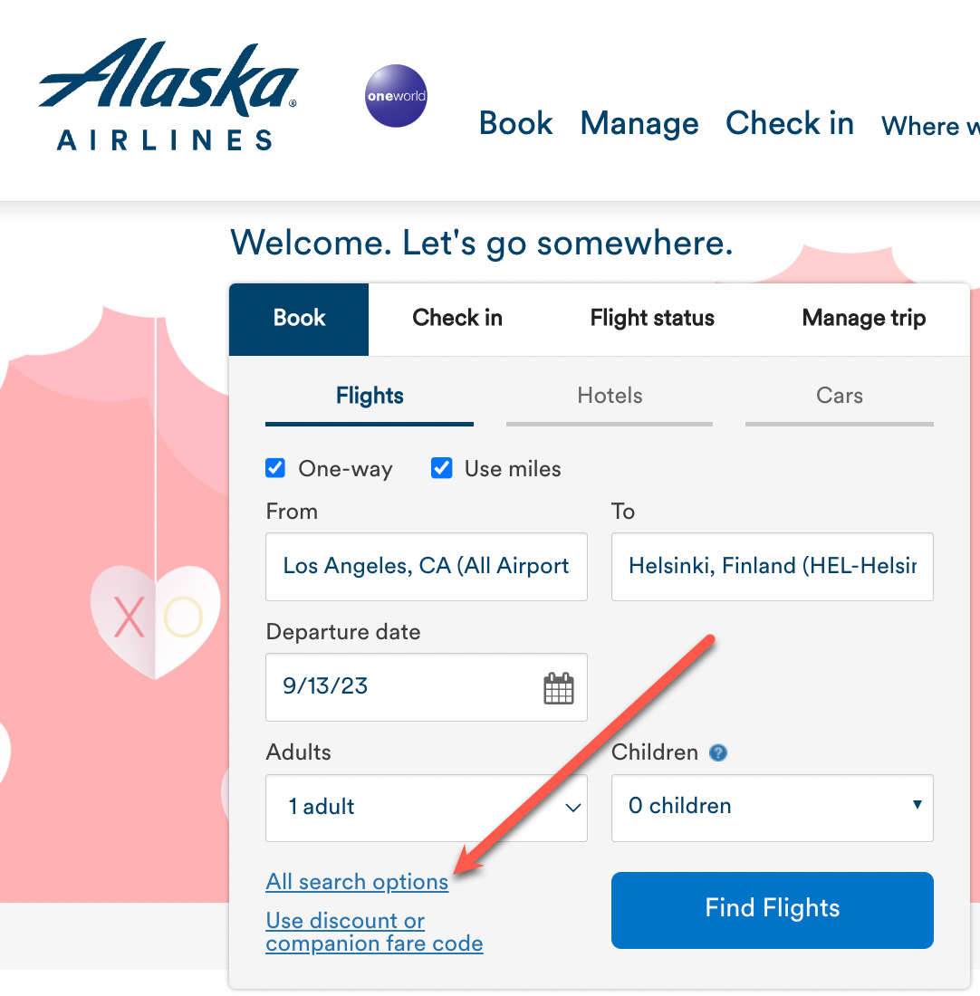 All search options Alaska Airlines homepage