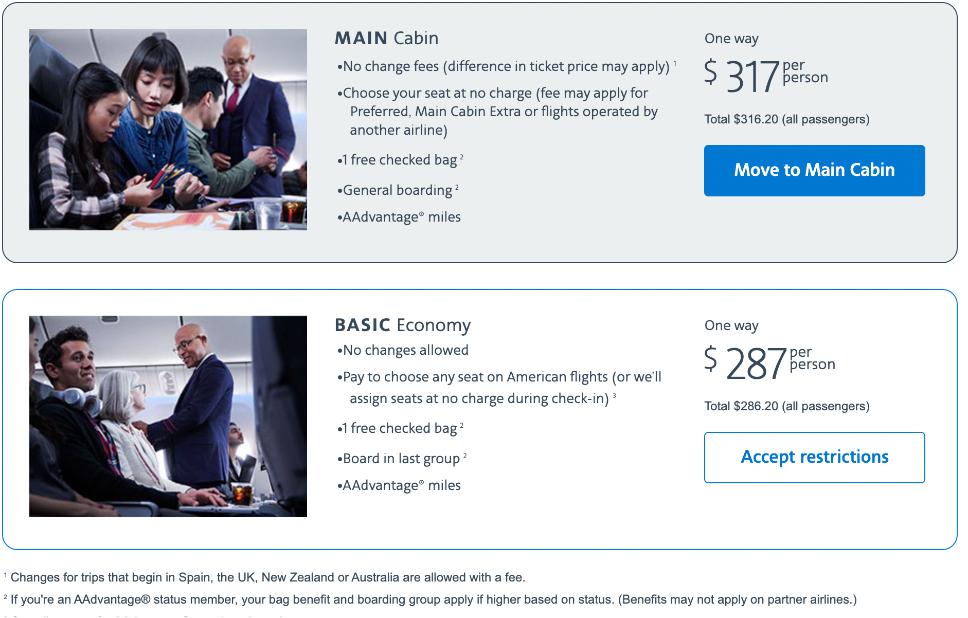 American Airlines basic vs standard economy