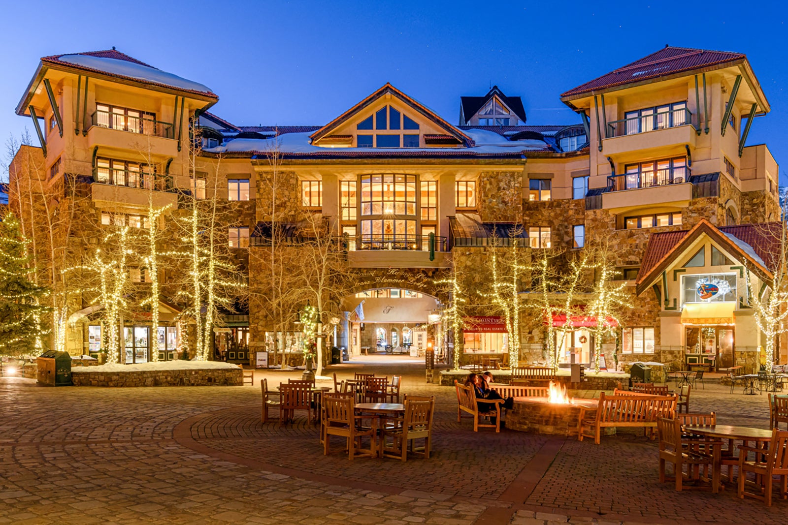 The Franz Klammer Lodge exterior at night