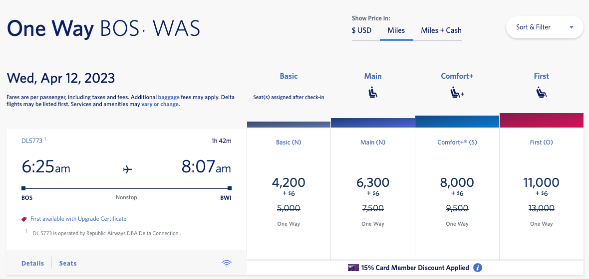 Boston to Washington DC Delta award prices