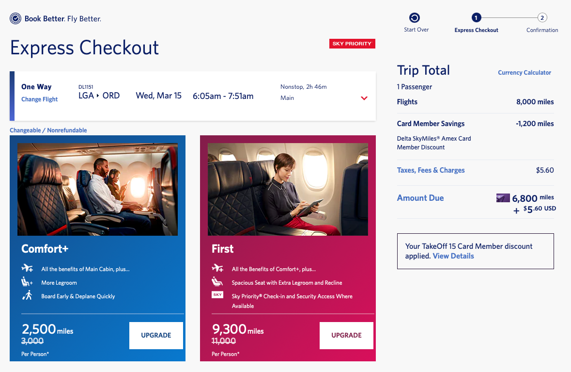 Delta check-out screen with TakeOff 15 discount applied