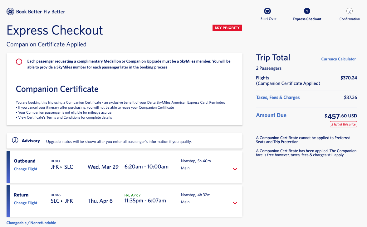 Delta itinerary with a companion certificate applied